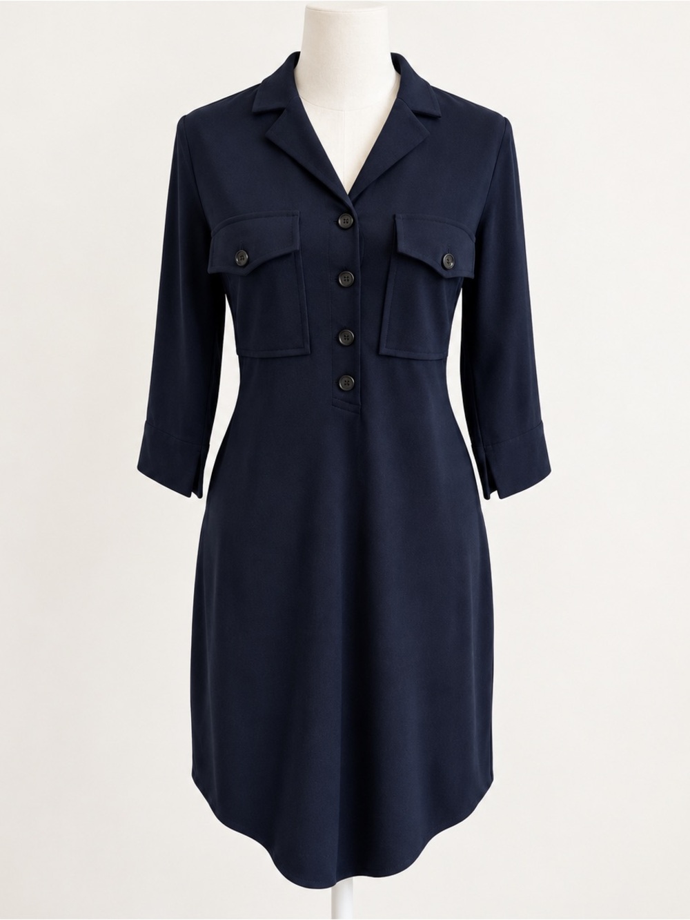 Gretchen Scott Navy Shirt Dress Small Stretch 3/4 Sleeve Midi Career